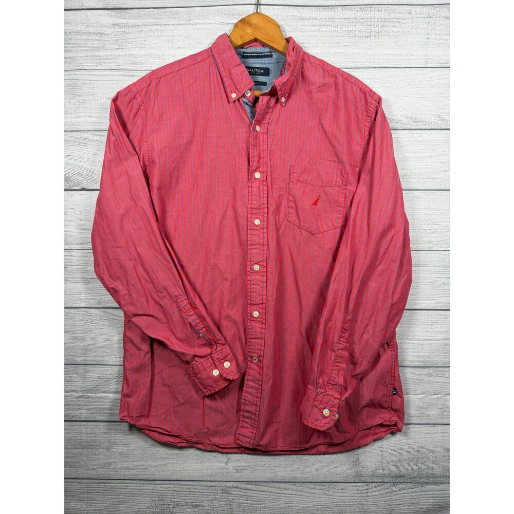 Nautica Men's Large Pinkish Red Blue Stripe Classic Fit Cotton Shirt 4420